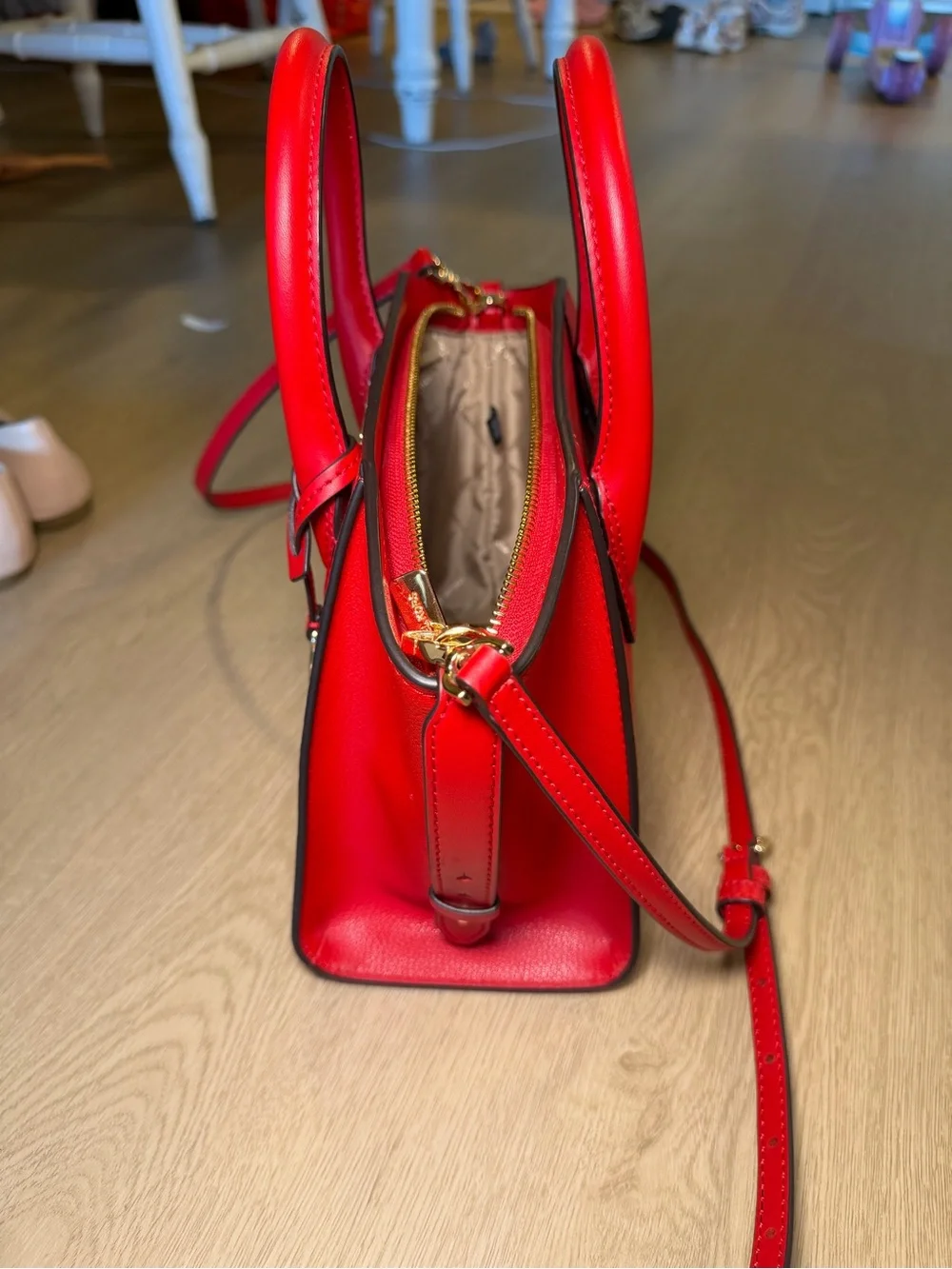 Michael Kors Bright Red Leather Satchel with Gold Accent